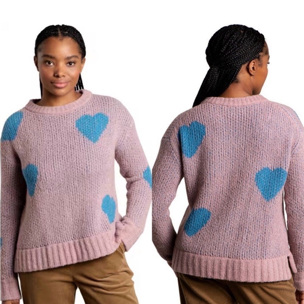 Toad&Co Cotati dolman soft wool Pink Sweater with Blue Heart Accents Size small